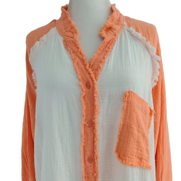 Uncharted Threads 100% Cotton Button-Up Shirt Size LARGE Orange White Frayed - Picture 3 of 9